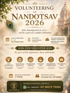 VOLUNTEERING • SEVA • SAMARPAN 🌿Some experiences are not meant to be witnessed — they are meant to be lived, contributed to, and shared.This September, come together at Anantpuram, Udaipur and make your time, energy and skills a part of something meaningful.✨ Volunteers invited for Nandotsav 2026
📅 3–5 September 2026
📍 Anantpuram, Udaipur
🤍 Preferred joining: 31 August or 1 September
⏳ Minimum commitment: 1 weekFrom event preparation, hospitality and décor to coordination, prasadam, photography & video — every contribution becomes a form of seva.Serve with heart. Contribute with purpose. Grow through the experience.📞 Call / WhatsApp: +91 90575 79284
Anantpuram Team#Volunteering #Seva #Nandotsav2026 #Anantpuram #Udaipur VolunteerSeva ServeWithPurpose SpiritualLiving